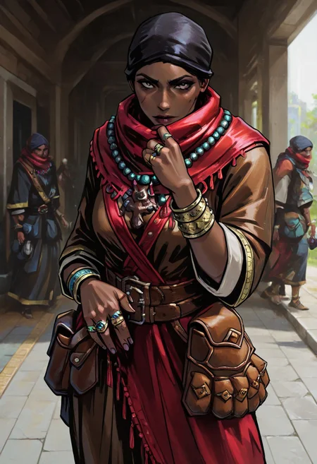 masterpiece, best quality, newest, absurdres, highres, solo, solo focus, TTCSV1.0
1girl, DDAntiq-V1.1, scarf, bandana, robe, dark-skinned female, dark skin, belt pouch, pouch, necklace, belt, ring, bracelet,
