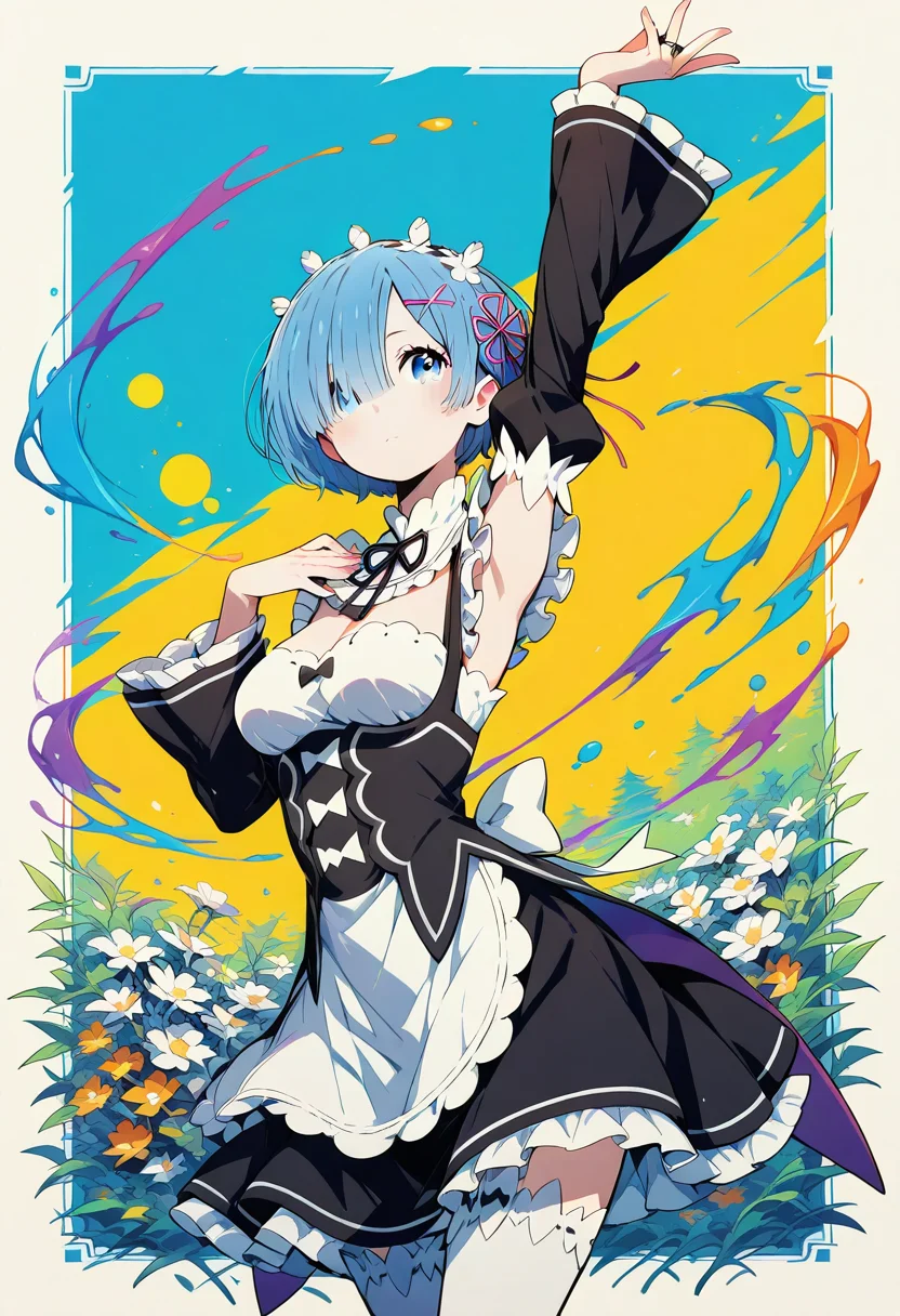 masterpiece, high quality, highres, flat colors, gradient, retro colors, sketch, ink splash, rings, abstract, dynamic angle, cinematic, neo_pop,
1girl, solo, rem_\(re:zero\), blue_eyes,hair_over_one_eye,short_hair,blue_hair,hair_ribbon
roswaal_mansion_maid_uniform,
dynamic pose, posing, outside border, park
<lora:add-detail-xl:1.10> <lora:Neo-Pop_Illustrious:1> <lora:rem:1>