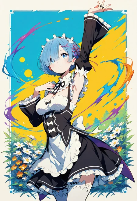 masterpiece, high quality, highres, flat colors, gradient, retro colors, sketch, ink splash, rings, abstract, dynamic angle, cinematic, neo_pop,
1girl, solo, rem_\(re:zero\), blue_eyes,hair_over_one_eye,short_hair,blue_hair,hair_ribbon
roswaal_mansion_maid_uniform,
dynamic pose, posing, outside border, park
<lora:add-detail-xl:1.10> <lora:Neo-Pop_Illustrious:1> <lora:rem:1>