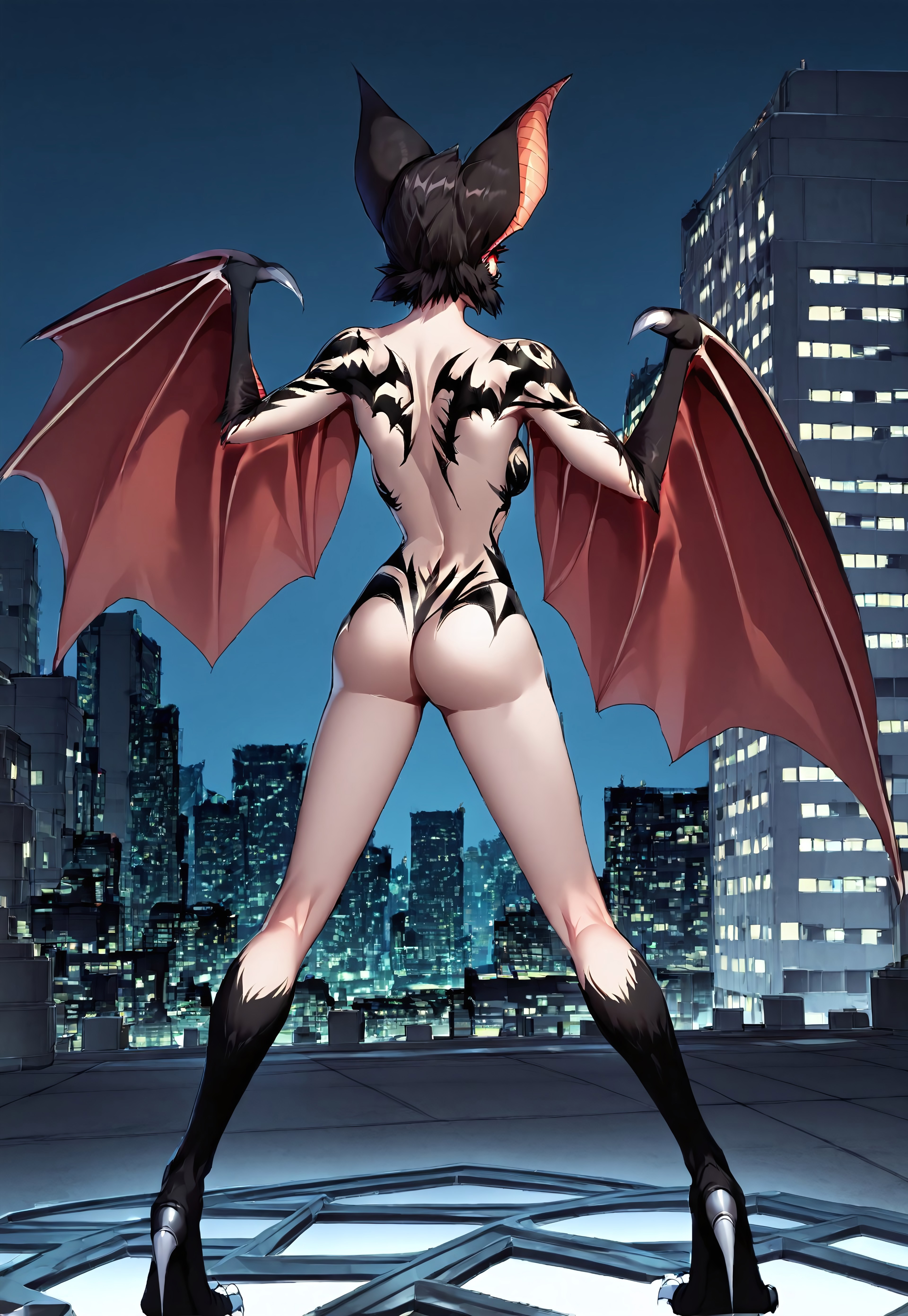 safe_pos, 1girl, Bat girl, Bat furry, Half furry, Body painting, Bodypaint, Bat ears, Black fur, Black short hair, Middle breasts, Bat wings, Winged arms, Arm wings, Yellow eyes, Red eyeshadow, Red lipstick, Claws, Nude, Sexy, NSFW, Human face, Cleavage, No bra, Slender, Vertical slit pupils, Animal hands, Navel, Collarbone, back, city