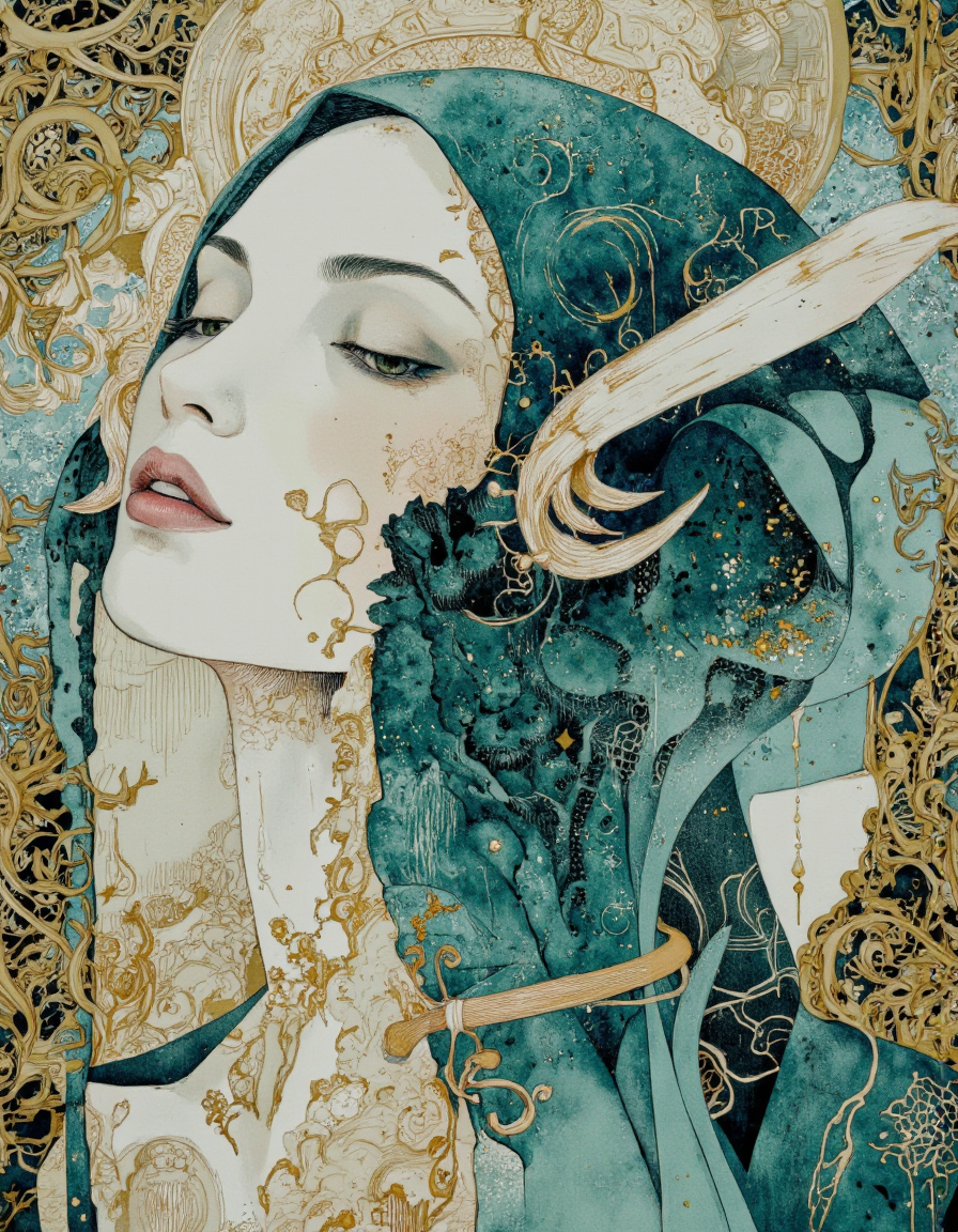 Art by Akiya Kageichi.
Ethereal minimalist Alien race cybergoth fashion photography painting, in the style of teal and gold, use of palette knives, waist-high portrait, intricate, sharp focus, concept art, background zentangle fog.