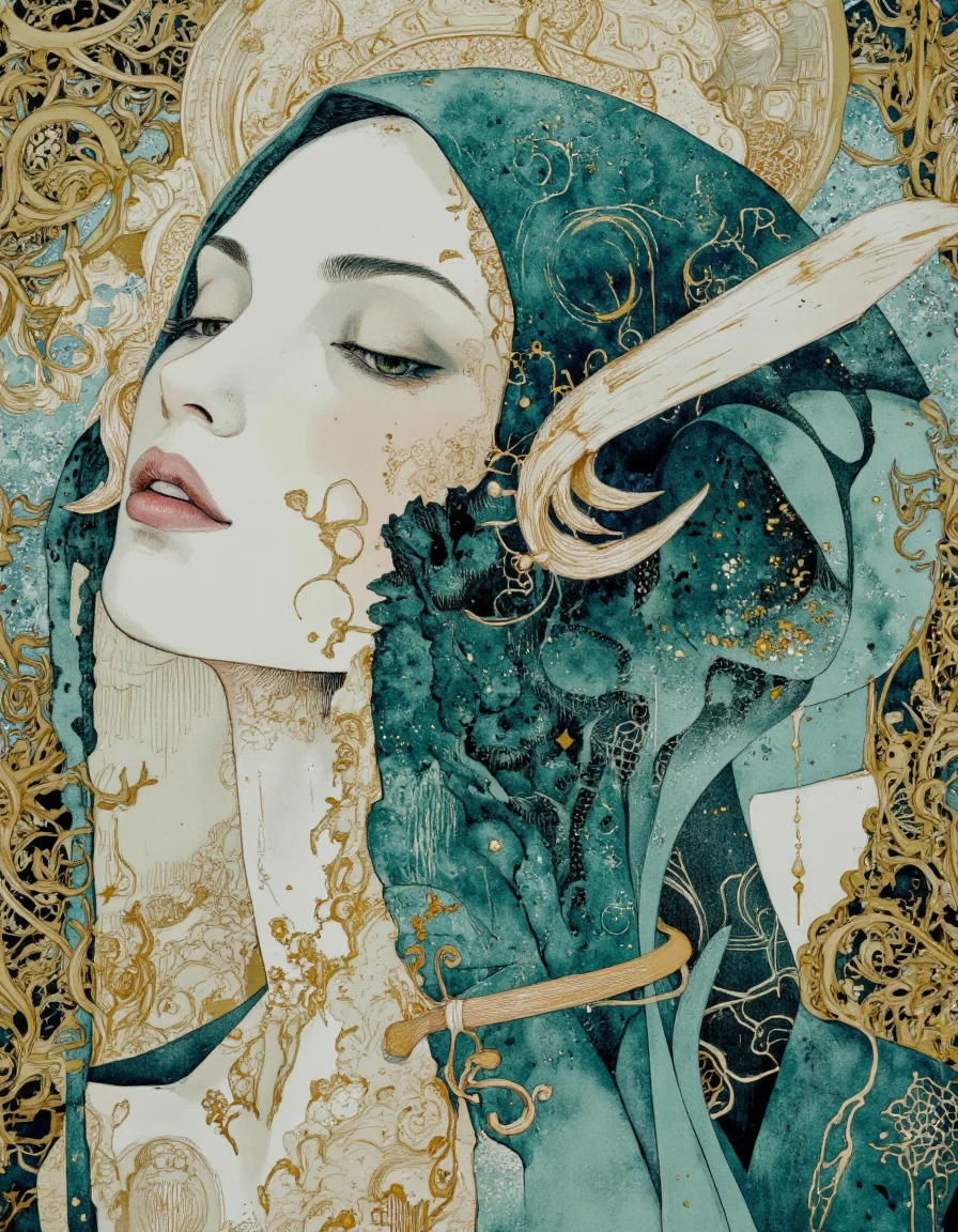 Art by Akiya Kageichi.
Ethereal minimalist Alien race cybergoth fashion photography painting, in the style of teal and gold, use of palette knives, waist-high portrait, intricate, sharp focus, concept art, background zentangle fog.