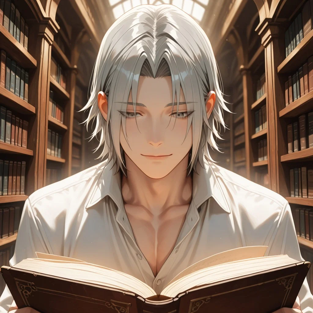 masterpiece, best quality, amazing quality, absurdres, newest, detailed background, definition so sharp, Ultra-HD, 8K cinematic, very awa, impressionate, amazing quality, highres,
solo, male focus, manly,
yashiroisana, 1boy, short hair, parted bangs, shiro_pretime, shiro_grey hair, shiro_grey eyes, reading a book, light smile, calm expression, library, soft light, bookshelves, playful, aesthetic, peaceful, intellectual