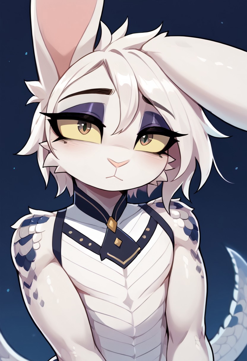 score_9, score_8_up, 1girl, masterpiece, MegaScalyPony, scales, 
Texi,solo,rabbit ears,furry,rabbit boy,girly,white fur,yellow eyes,short hair,colored sclera,eyeshadow