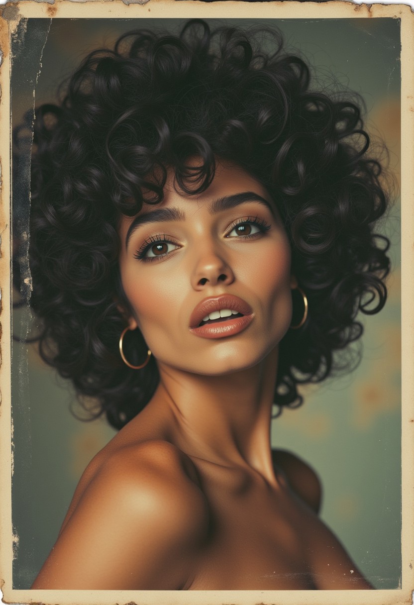 70s vintage polaroid photo of a beautiful black tanned skin woman with big huge brown eyes and a button nose, her hair is feathered and luscious. She is making a silly face. The photo is aged and worn. aborigines african arabian arctic brazilian chinese european havaiian japanese mongolian nordic russian western