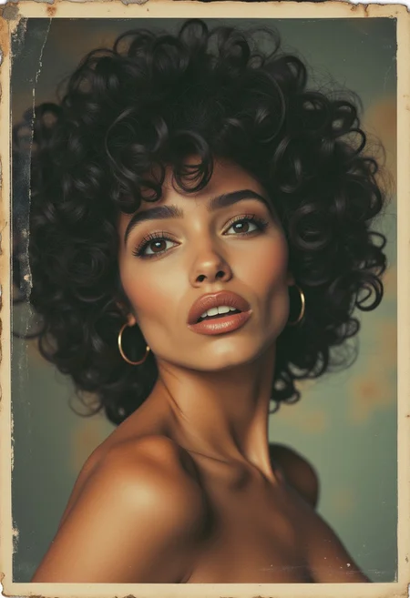 70s vintage polaroid photo of a beautiful black tanned skin woman with big huge brown eyes and a button nose, her hair is feathered and luscious. She is making a silly face. The photo is aged and worn. aborigines african arabian arctic brazilian chinese european havaiian japanese mongolian nordic russian western