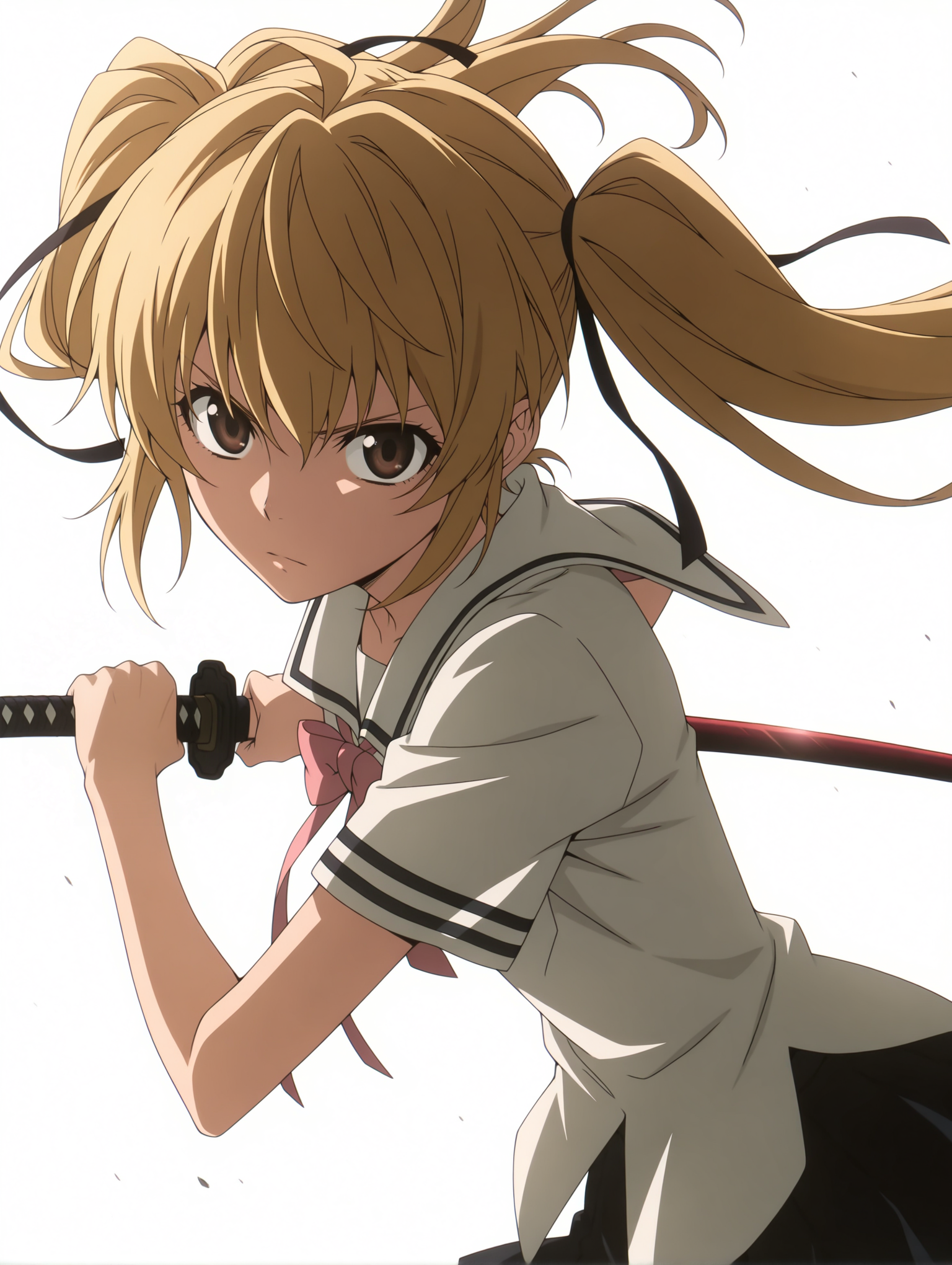 masterpiece,best quality,newest,
1girl,solo,
anime screencap,<lora:s_raimei_ilxl_v1.0:1>,s_raimei,blonde hair,hair bow,twintails,brown eyes,
r_clothes,serafuku,ribbon tie,white shirt,black pleated skirt,
r_katana,red scabbard,
<lora:Fixhands_anime_bdsqlsz_V1:1>,cowboy_shot,expressionless,serious,portrait,looking_at_viewer,ready to draw,floating hair,white_background,simple_background,