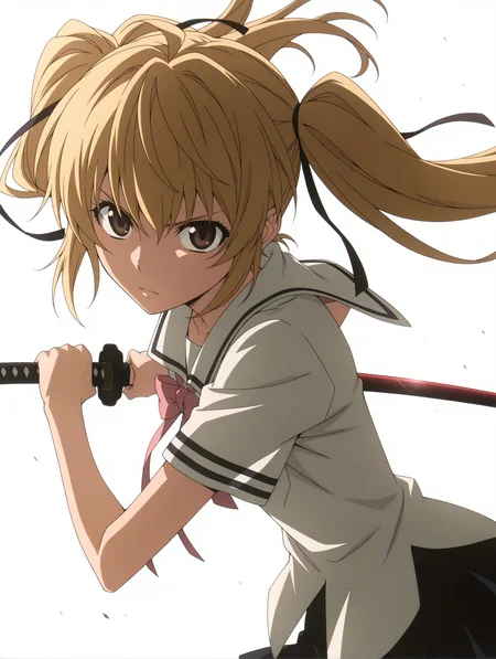masterpiece,best quality,newest,
1girl,solo,
anime screencap,<lora:s_raimei_ilxl_v1.0:1>,s_raimei,blonde hair,hair bow,twintails,brown eyes,
r_clothes,serafuku,ribbon tie,white shirt,black pleated skirt,
r_katana,red scabbard,
<lora:Fixhands_anime_bdsqlsz_V1:1>,cowboy_shot,expressionless,serious,portrait,looking_at_viewer,ready to draw,floating hair,white_background,simple_background,