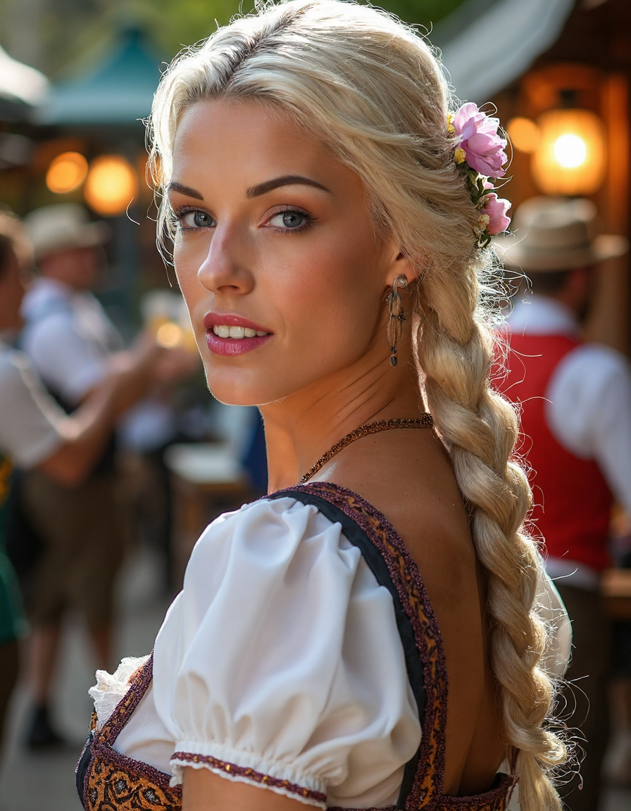 **Prompt:**
A woman  stands proudly in front of a traditional Bavarian backdrop, her long braid cascading down her back like a waterfall. She wears a intricately detailed dirndl attire, complete with delicate lace and embroidery, perfectly capturing the essence of Oktoberfest. Side view.
The camera captures her from a 45-degree angle, emphasizing her slender neck and shoulders as she gazes directly at the viewer. Soft, warm light from a nearby lantern casts a flattering glow on her skin, accentuating her high cheekbones and full lips.
In the background, the real Oktoberfest festivities unfold: revelers in traditional attire dance and sing around tables laden with steins of beer, while others play lively tunes on accordions and brass instruments. The atmosphere is electric, with vibrant colors and sharp lines that create a sense of depth and dimensionality.
As the camera lingers, it becomes clear that this woman is not just any festival-goer â she's the star of the show. Her dirndl attire is immaculately detailed, from the intricate patterns on her apron to the delicate flowers in her hair. Every stitch, every thread, every detail is meticulously rendered, creating a photorealistic masterpiece.
In a stunning double exposure effect, the woman's image is superimposed over a blurred background of revelers and festivities, creating an otherworldly sense of presence. The result is a truly cinematic scene that transports the viewer to the heart of Oktoberfest.
**Technical Specifications:**
* Resolution: 16k UHD
* Aspect Ratio: 1:1
* Frame Rate: 24fps
* Color Space: Rec. 2020
* Lighting: Soft, warm natural light with subtle highlights and shadows
This image is a true masterpiece, showcasing the artist's skill and attention to detail in capturing the essence of Oktoberfest. With its ultra-sharp lines, intricate details, and photorealistic quality, it's sure to be an award-winning work that leaves a lasting impression on all who see it.