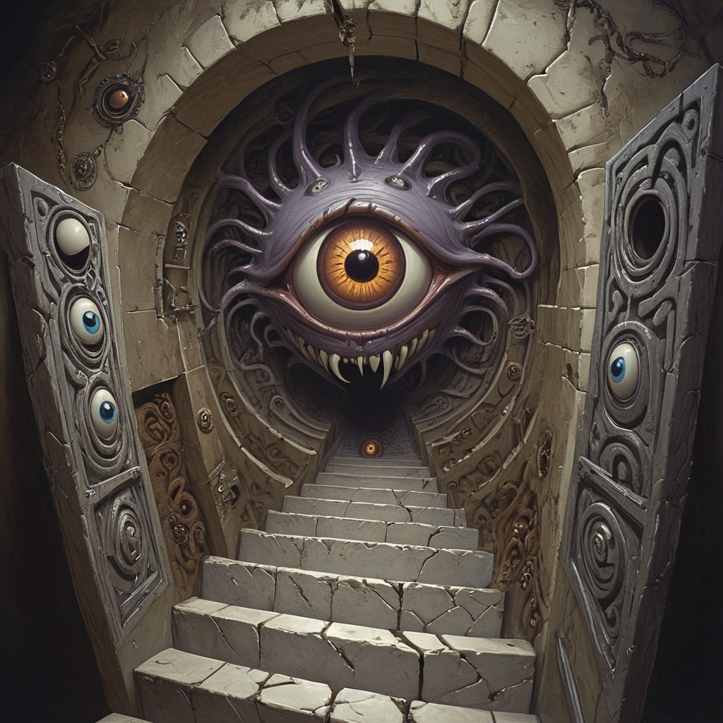 ArsMJStyle, dnddarkestfantasy,  <lora:DnD_Darkest_Fantasy_Party:1>,   Beholder's Madness Maze, The artwork presents a mind-bending labyrinth created by a beholder. Reality shifts and twists, with impossible staircases and doors to nowhere. The beholder's central eye is visible through gaps in the walls, always watching. Adventurers' statues are scattered throughout, victims of its petrifying gaze., no humans, beholder, labyrinth, impossible geometry, eyes, doors, stairs, petrification, dark fantasy, madness, surveillance, trap