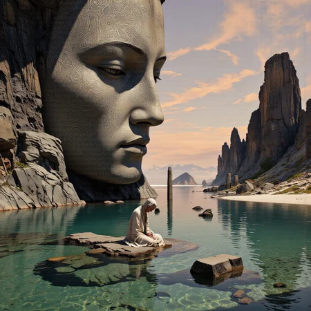 line art drawing anime artwork professional 3d model cinematic film still [Retro-futuristic alchemy, cinematic chiaroscuro, Renaissance alchemist, muted tones, sci-fi A colossal stone face looms in the foreground, exuding an aura of serenity and wisdom. The facial features, intricately carved, display deeply set eyes that seem to gaze contemplatively. The mouth, slightly parted, gives the impression of unspoken thoughts. Swirling patterns adorn the surface of the stone, their delicate lines evoking a sense of ancient symbols and forgotten languages. 
Nestled at the base of this giant visage, a solitary figure sits cross-legged in a small pool of water. Clad in a flowing robe that billows gently around them, the figure has their head bowed, suggesting deep meditation or introspection. The water ripples softly, capturing reflections of the surrounding environment and the enormous face above, creating an enchanting interplay of light and shadow.
Beyond the figure, the landscape unfolds into rocky outcrops reminiscent of weathered towers, jutting from the waterâs surface. Their textures hint at timeworn erosion, with streaks of colour that suggest a natural panorama shifting between greens and blues. The water's glassy surface mirrors the hues of the sky, where soft peach and lavender clouds dance in a gradient of twilight, casting a tranquil glow over the scene.
Isolated and resilient, several small stone pillars punctuate the water close to the seated figure, contributing to an air of ancient ruins. They imply a long-lost structure, perhaps an altar or a gathering place, now reclaimed by nature.
The overall composition evokes a profound sense of peace yet hints at a deeper narrative, a confluence of nature, spirituality, and the passage of time, inviting the viewer to reflect on existence amidst the vastness of a landscape that seems both ethereal and grounding. . shallow depth of field, vignette, highly detailed, high budget, bokeh, cinemascope, moody, epic, gorgeous, film grain, grainy . octane render, highly detailed, volumetric, dramatic lighting . anime style, key visual, vibrant, studio anime,  highly detailed . professional, sleek, modern, minimalist, graphic, line art, vector graphics