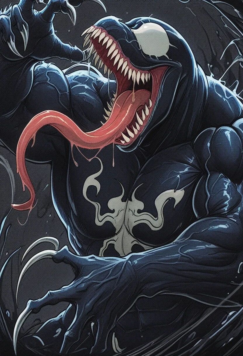813nm0hstyle, masterpiece, best quality, solo, venom, feral, mouth open, long tongue, sharp teeth, drool, long claws, swole and buff muscles, veins,