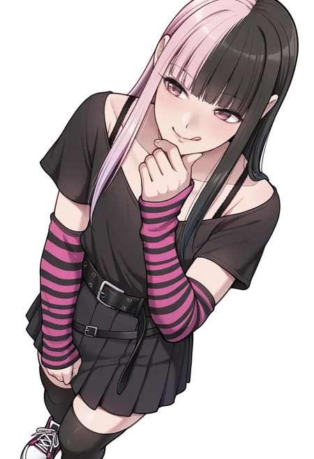 masterpiece,very intricate, high quality details, ultra realistic, high detailed skin,detailed enviorement,absurdres,
<lora:DangerousBitch_Femboy_CNR:0.8> dangerousfemb_cnr, 1boy,androgynous,pink hair,split-color hair, black hair, long hair, blunt bangs, pink eyes, otoko no ko, black shirt, off-shoulder shirt, short sleeves, shirt tucked in,pleated skirt, belt, thighhighs,striped arm warmers,bra strap,sneakers,, simple background, white background, from above,solo,, thinking,, :q,