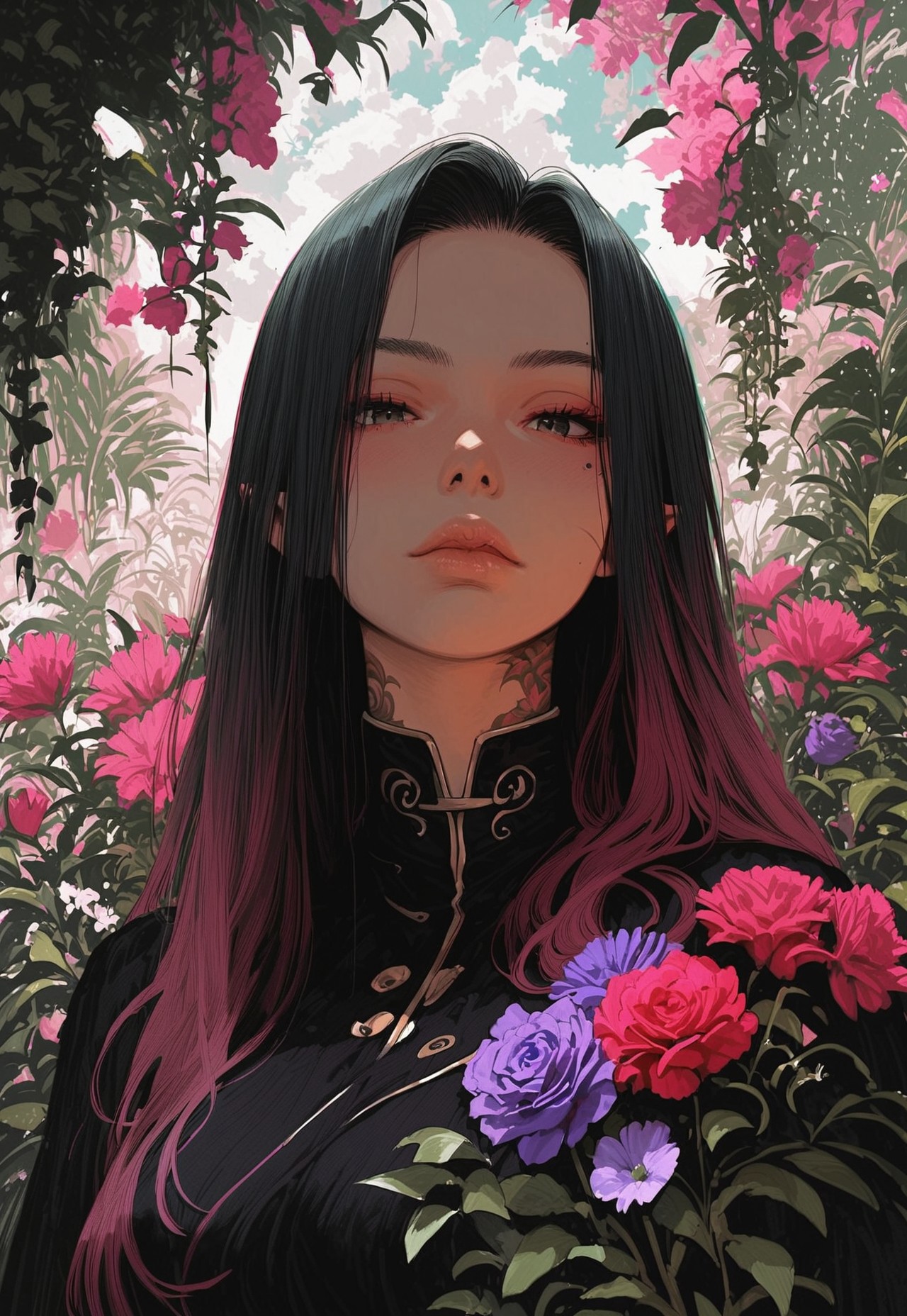  high detailed, high quality, masterpiece, no text, quality highlights, 8k detail, detailed background, source_anime, dynamic view, hentai, ultra-detailed,
score_9, score_8_up, score_7_up, score_6_up, solo, 1girl, long hair, plant, flower,