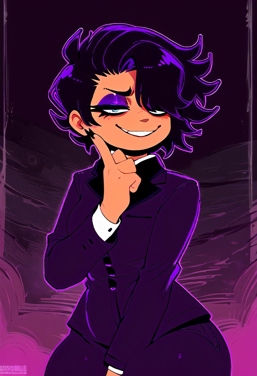 score_9, score_8_up, score_7_up, BREAK, emo girl, human, purple eyeshadow, eyeliner, eyelashes, eyebags, stretch marks on left side of face, tan skin, long black fingernails, finger, 4 fingers per hand, black hair, hair covering up left eye, suit, smug, smug face, smirk, detailed, detailed background, dining room background