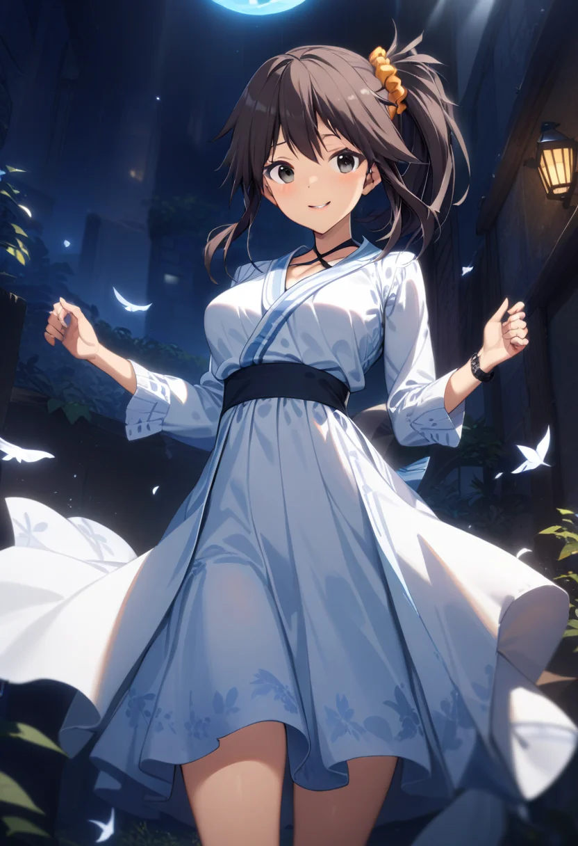 1girl, yuzuri\(memories off 8\), hair scrunchie, brown hair, ponytail, one side up, black eyes, standing, white dress, smile, wind, auntum, outdoors, masterpiece, best quality, very aesthetic, absurdres, vivid colors, highres, 4k, 8k, intricate detail, cinematic lighting, wallpaper, <lora:aesthetic_anime_v1s:1>, <lora:yuzuri-1.3:1>