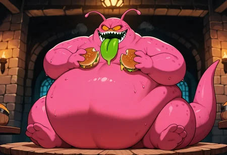 masterpiece, amazing quality, best quality, 1boy, solo, Buy0nDB, pink skin, sharp teeth, antennae, monster, fat, solo, male focus, orange sclera, black pupils, inside a dungeon, no humans, sweat, tail, sitting at a table, eating a lot of food, green tongue, smile, holding food
