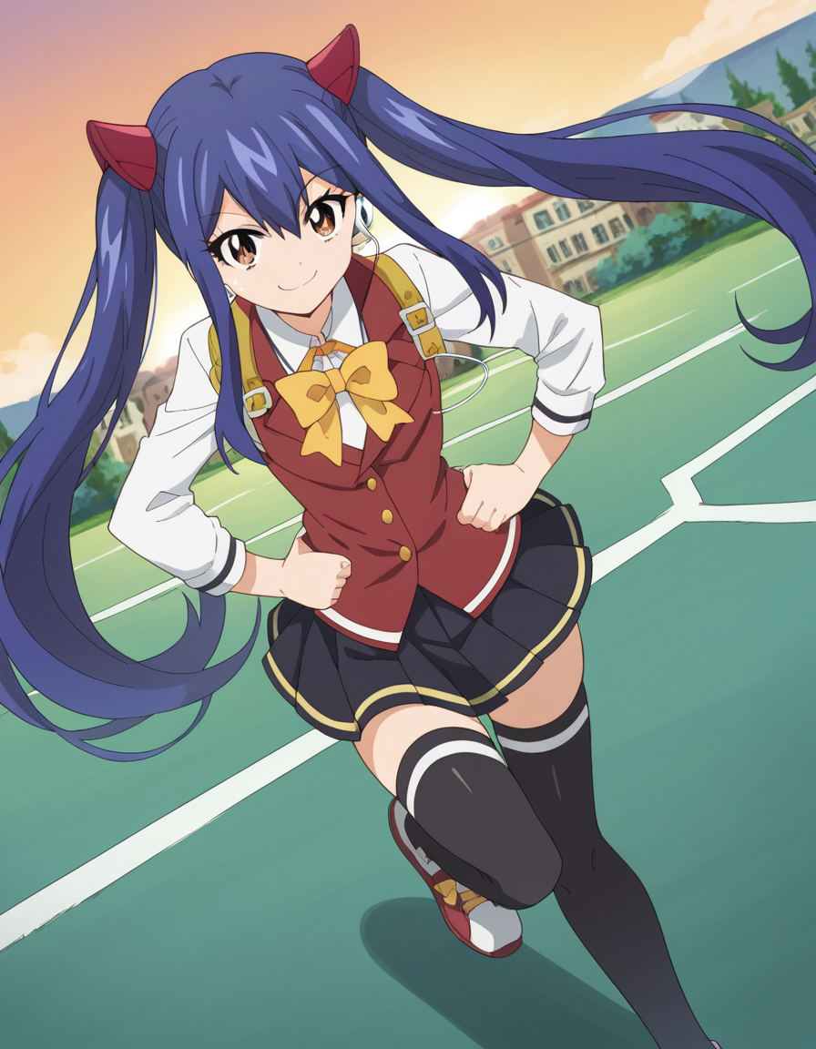 score_9, score_8_up, score_7_up, source_anime, <lora:wendy-marvell-100yq-ponyxl-lora-nochekaiser:1>, wendy marvell, long hair, hair ornament, ribbon, hair between eyes, twintails, brown eyes, very long hair, blue hair,, skirt, thighhighs, bow, ribbon, pleated skirt, black thighhighs, bowtie, black skirt, zettai ryouiki, yellow bow, yellow ribbon, suburban neighborhood, morning jog, earphones, running shoes, fresh air, sunrise, smile, looking at viewer, smug, hands on hips,, solo,, dutch angle,