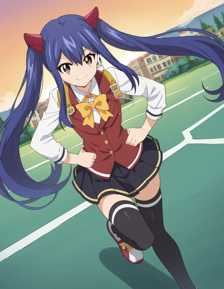 score_9, score_8_up, score_7_up, source_anime, <lora:wendy-marvell-100yq-ponyxl-lora-nochekaiser:1>, wendy marvell, long hair, hair ornament, ribbon, hair between eyes, twintails, brown eyes, very long hair, blue hair,, skirt, thighhighs, bow, ribbon, pleated skirt, black thighhighs, bowtie, black skirt, zettai ryouiki, yellow bow, yellow ribbon, suburban neighborhood, morning jog, earphones, running shoes, fresh air, sunrise, smile, looking at viewer, smug, hands on hips,, solo,, dutch angle,