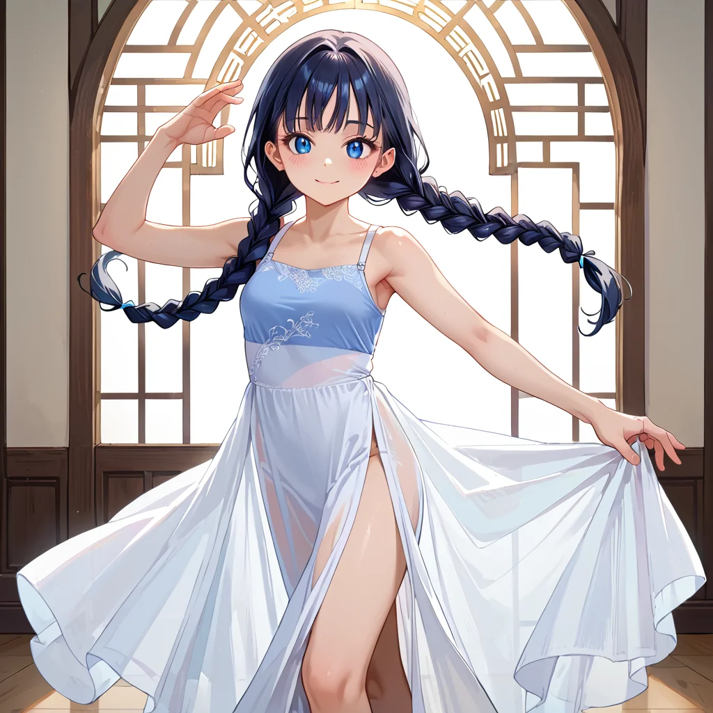 score_9, score_8_up, score_7_up,source_anime, 1woman, black hair, twin braids, blue sapphire eyes, dancing pose, light smile, blush, <lora:Lyrical dance dress long:0.9> white lyrical dance dress, long dress, see-through, high slit,
ball_room, intricate golden light