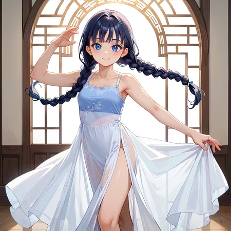 score_9, score_8_up, score_7_up,source_anime, 1woman, black hair, twin braids, blue sapphire eyes, dancing pose, light smile, blush, <lora:Lyrical dance dress long:0.9> white lyrical dance dress, long dress, see-through, high slit,
ball_room, intricate golden light