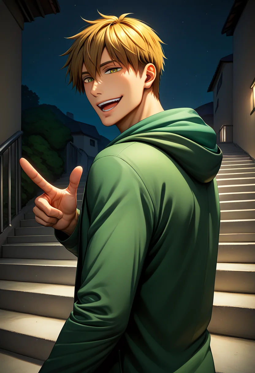 score_9,score_8_up,score_7_up,score_6_up,score_5_up,score_4_up BREAK junta azumaya,1boy,male focus,solo,open mouth,pointing,smile,jacket,upper body,stairs,looking at viewer,looking back,teeth,hood down,green jacket,outdoors,black jacket,from behind,hoodie,night,hooded jacket,coat,<lora:Takato_Junta_V1-2>,