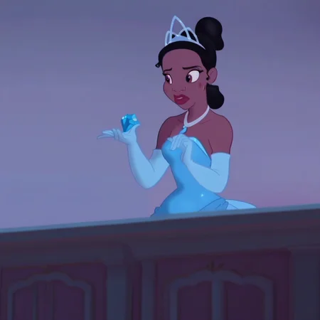Tiana, 2D, cartoon, screencap, solo, full body, full shot, female, African-American, woman, tall and slender, sculpted figure, medium-length, wavy, black hair usually tied in a low ponytail, dark red lips, rosy cheeks, Nubian nose, light brown eyes with pink eye shadow, a bright smile, dimples, blue princess gown, necklace, tiara with blue diamond, light blue opera gloves,