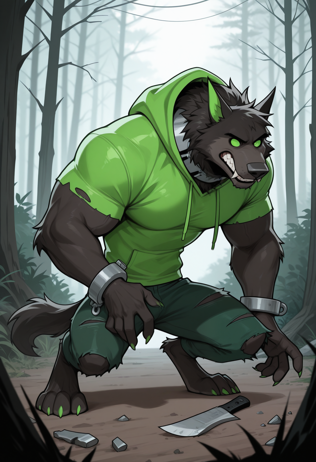 masterpiece,best quality,amazing quality, 1boy, solo, wu1f, colored sclera, no pupils, furry, torn green hoodie, torn green pants, metal collar, single broken handcuff, woods,