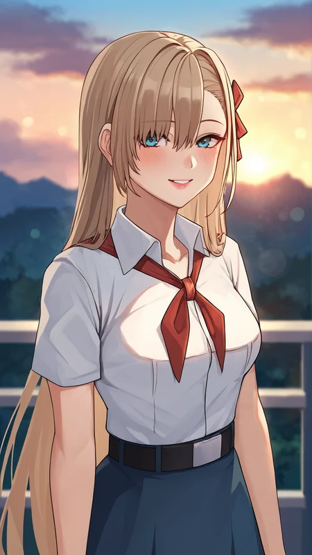 score_9, score_8_up, score_7_up,
best quality, masterpiece, ultra detailed,
looking at the viewer, looking at the camera,
portrait,
light smile, blush,
source_anime, blue archive, Asuna Ichinose,
black eyeliner cat eye,
pink lips,
white collared shirt, short sleeves, red neckerchief, neckerchief, belt, blue skirt,
sunset, warm light, cozy, sky, clouds,
amazing background, outdoors,
bokeh, blurry, blurry background,
<lora:Everlasting_Summer_Vanilla_Art_Style_by_GraffMetal:1>,