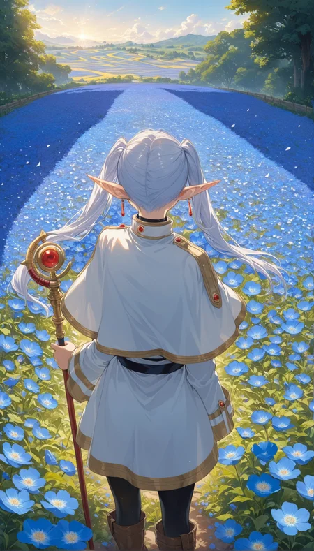nereirfpnxl, frieren, rating:safe, 1girl, floral background, garden, flower, field, pointy ears, flower field, solo, colorful, blue flower, boots, pantyhose, twintails, staff, earrings, from behind, jewelry, petals, capelet, holding, elf, white capelet, facing away, long hair, long sleeves masterpiece, best quality, intricate detail, cinematic lighting, amazing quality, amazing shading, detailed Illustration, official artwork, wallpaper, official art, extremely detailed eyes and face, beautiful detailed eyes
<lora:frieren_nereirfpnxl_xl:1>