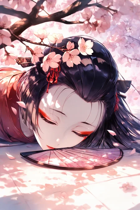 1girl, geisha, traditional japanese, kimono, obi, long black hair, pale skin, delicate features, fan, cherry blossoms, japanese garden, serene atmosphere, soft lighting, pastel colors, shallow depth of field, masterpiece, best quality, absurdres BREAK close-up, intimate pose, gentle lighting, warm colors, subtle shadows, delicate focus, masterpiece, best quality, absurdres