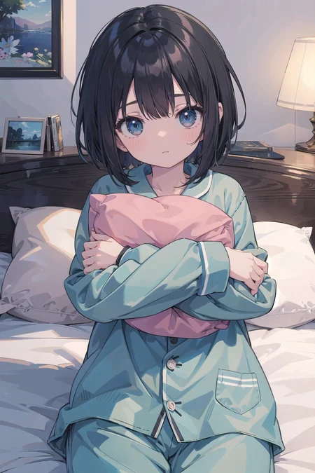 (masterpiece),  1girl,  short hair,  bob hair,  black hair,  bedroom,  pajama,  laying on bed,  hugging pillow
