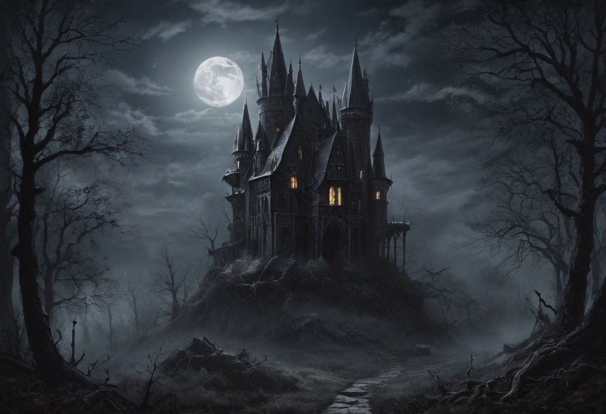masterpiece of high-contrast shadow and light, a gothic castle sitting on edge of a forbidden mystical forest, moonlight, (fog and moonbeams:1.2), (pure black:1.3), and (darkness:1.3), mysticism, fantasy, gothic horror, glowing flora, magical phenomena, ultra realistic painting, intricate, High Detail, Sharp focus, realism, darkness.