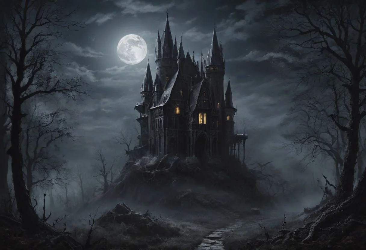 masterpiece of high-contrast shadow and light, a gothic castle sitting on edge of a forbidden mystical forest, moonlight, (fog and moonbeams:1.2), (pure black:1.3), and (darkness:1.3), mysticism, fantasy, gothic horror, glowing flora, magical phenomena, ultra realistic painting, intricate, High Detail, Sharp focus, realism, darkness.