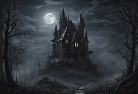masterpiece of high-contrast shadow and light, a gothic castle sitting on edge of a forbidden mystical forest, moonlight, (fog and moonbeams:1.2), (pure black:1.3), and (darkness:1.3), mysticism, fantasy, gothic horror, glowing flora, magical phenomena, ultra realistic painting, intricate, High Detail, Sharp focus, realism, darkness.