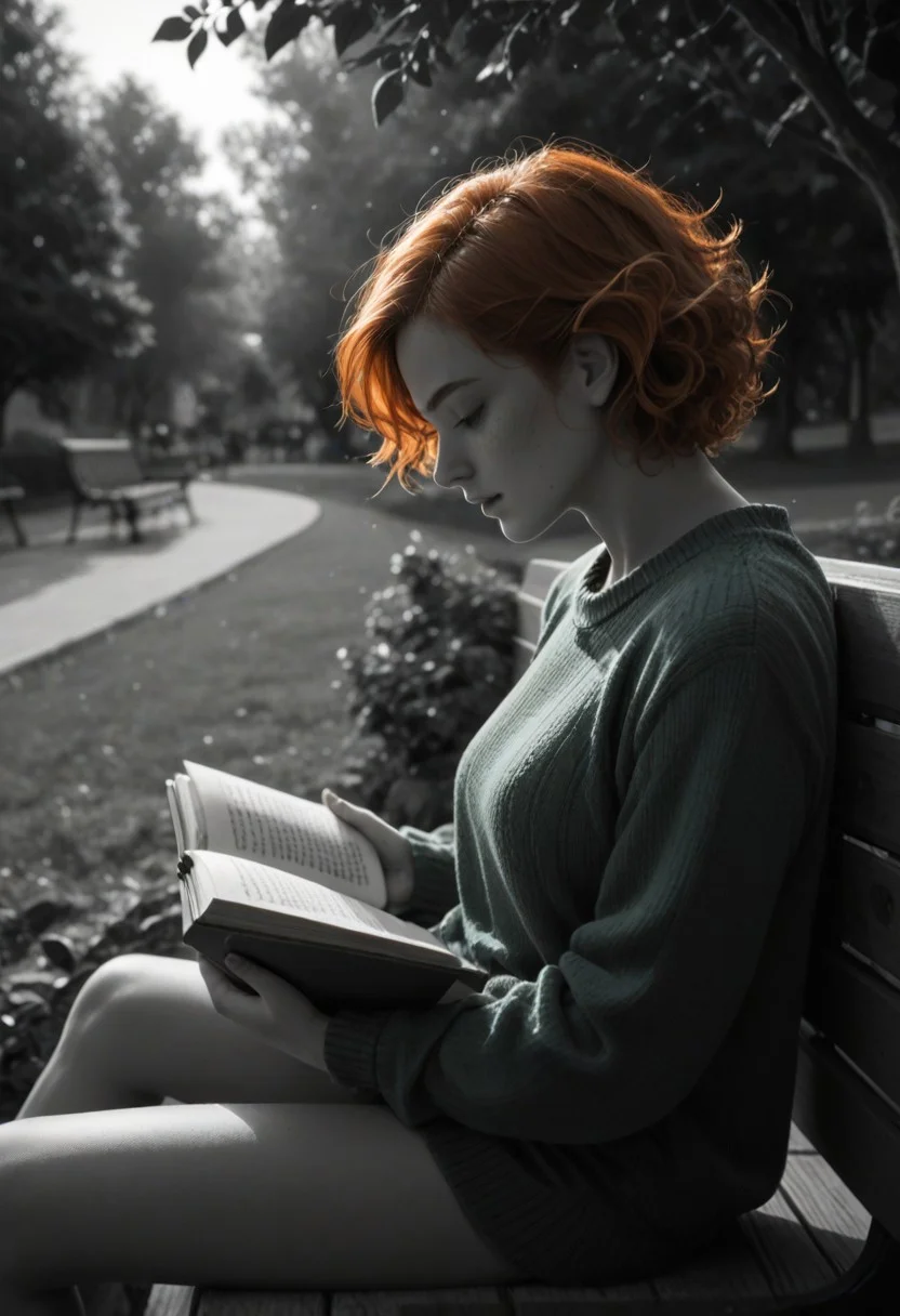 colorvsgrey, monochrome, greyscale, score_9, score_8_up, score_7_up, score_6_up,
1girl, 25 years old,
freckles,
orange hair, curly hair, short hair,
(green sweater),
sitting on bench, reading book, side view,
park, autumn, fall,