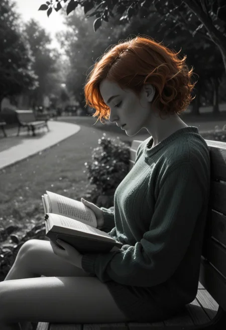 colorvsgrey, monochrome, greyscale, score_9, score_8_up, score_7_up, score_6_up,
1girl, 25 years old,
freckles,
orange hair, curly hair, short hair,
(green sweater),
sitting on bench, reading book, side view,
park, autumn, fall,