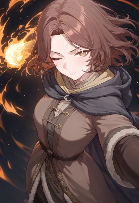 masterpiece, best quality, newest, absurdres, highres, FFILV1.0, flaming hand, flame, fire, 1girl, melina (elden_ring), one eye closed, brown eyes, brown hair, hood, hood down, one eye closed, parted hair,