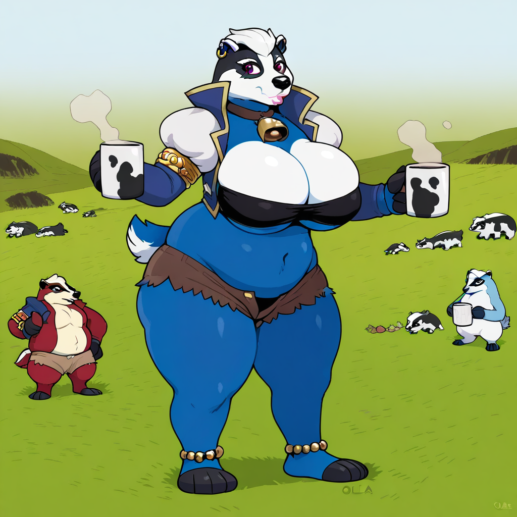navel, anklet, black bikini, looking back, brown shorts, thick thighs, puffy sleeves, no humans, red fur, blue fur, puckered lips, Badger tail, earrings, neck bell, mug, plump, brown eyes, no nipples, grass, pokemon (creature), jewelry, cleavage, armlet, pectorals, no bra, large areolae, cow girl, food