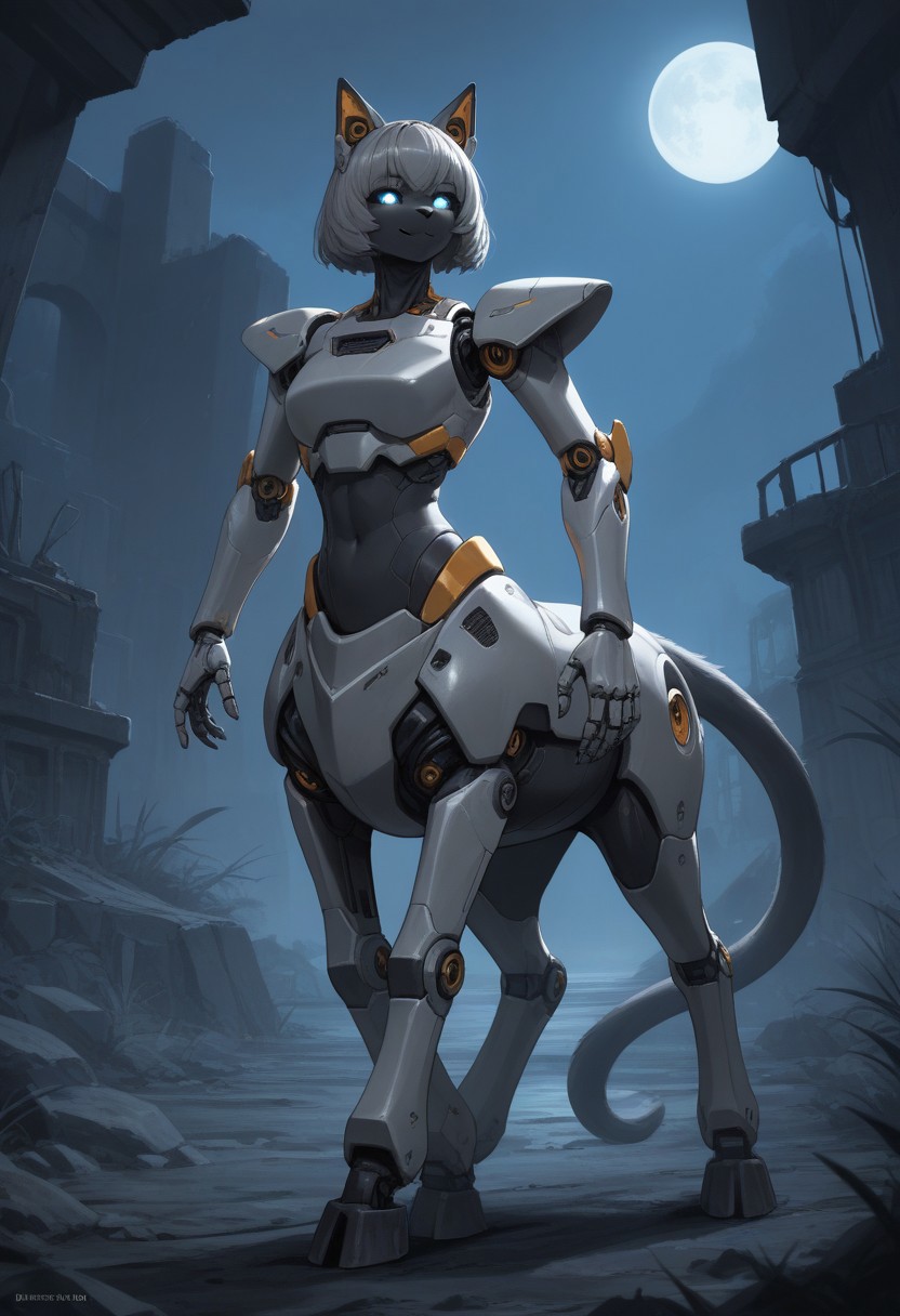 score_9,score_8_up,score_7_up,score_6_up,score_5_up,score_4_up, BREAK Scottish fold cat, robot, centaur, solo, smile, industrial ruins, night, hooves, grey horse tail, Robot girl, Mecha, Android, mechanical limbs, robot joints, gray metal skin, black sclera, no mouth, armor, glowing eyes, furry, grey hair, cat head, cat ears, cat nose