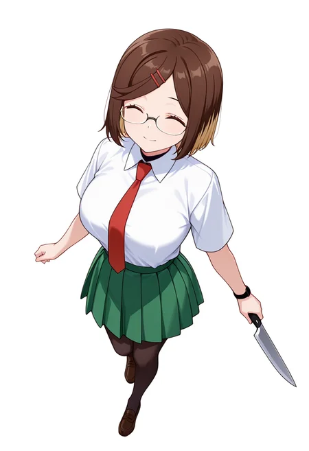 masterpiece,high quality details, absurdres,
<lora:Konoha_Koga:0.8>koga_cnr, 1girl, brown hair, short hair, brown eyes, blonde hair, two-tone hair, large breasts, semi-rimless eyewear,hairclip,
koga_s1, white shirt, collared shirt, shirt tucked in,green pleated skirt,red necktie, black pantyhose, loafers, wristwatch,
holding knife,, simple background, white background, from above,solo,, ^ ^,