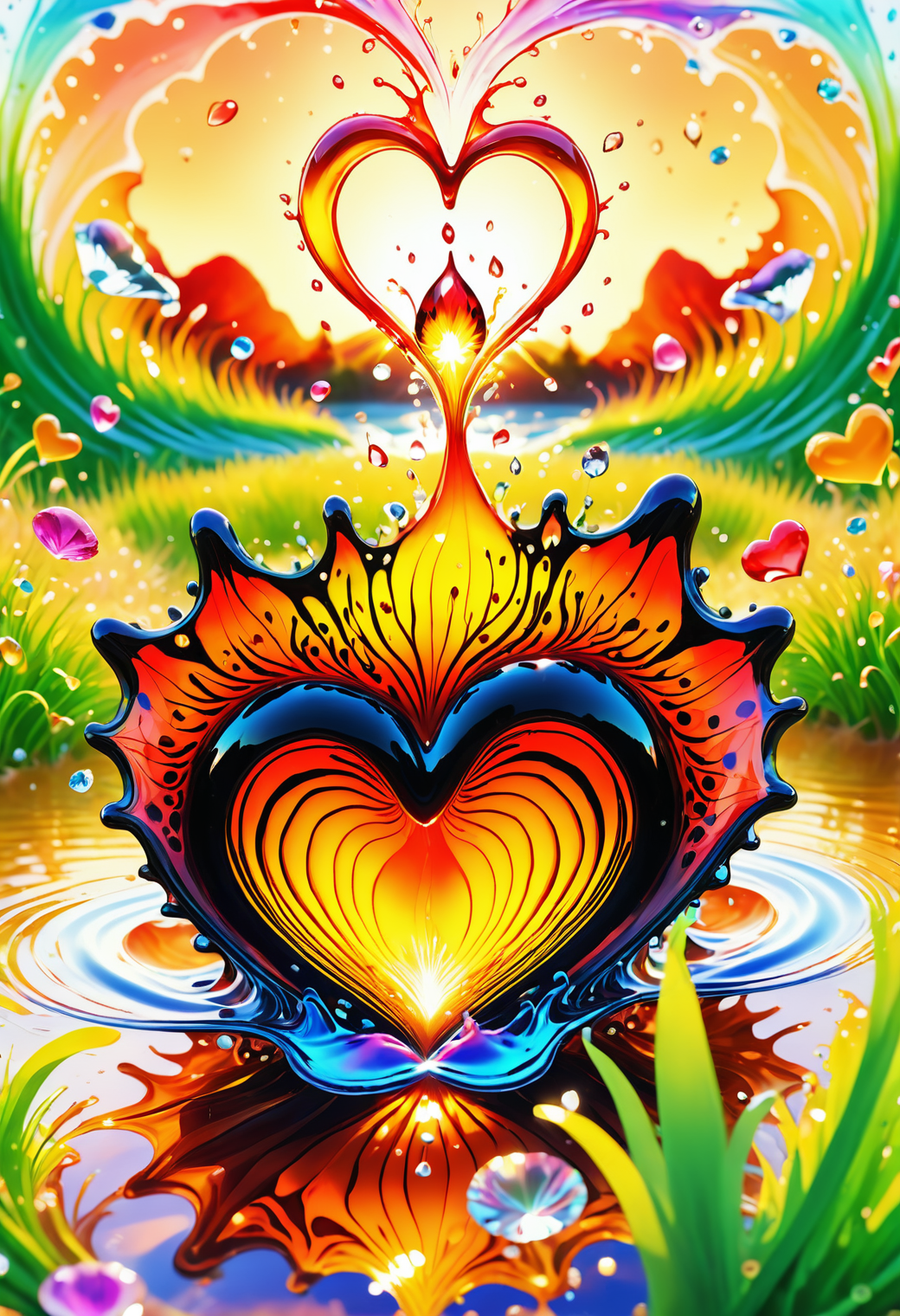 ferrofluid of a 1600'S Aunt, background is grass, at Dawn, Vivid, expressive, Jed-Spl4sh, splashes, nature art, wallpaper engine,Heart, diamonds, <lora:ColourfulStyleV2:0.7>, confident, magic atmosphere, flowing, magical composition, background inspired, aesthetic, very inspirational, warm light