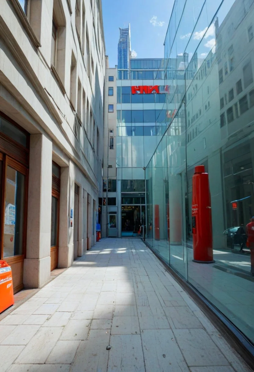 Mirror's Edge style, bright whites, white walled buildings, red pipes, vivid blues, vivid oranges, vivid light greens, Futuristic, minimalism, clean, sterile, futuristic minimalism, futuristic skyscrapers, glass windows, bright whites, vivid reds, reflections in puddles, puddles, puddle, chromatic aberration, fish eye lens, motion blur, awe inspiring, highres, max details, photo, realistic,flux-style, incredible detail, a sterile urban background, white sunlight, sunny, blue sky, clouds, minimalist, aesthetic, accurate shadows, photorealistic, perfect lighting, glorious lighting, epic, masterpiece, cinematic, cloud reflections, tree reflections, parallax occlusion mapping, dynamic shadows, reflections, ray-traced reflections, ray-traced, ray tracing, path tracing, vivid colors, high contrast, bright whites, anti-aliasing, highly detailed, octane render, anisotropic filtering, high quality textures, highest resolution, sharp image, HDR, 4k,8k, depth of field, bokeh, bloom, ambient occlusion, soft shadowing, volumetric lighting, physically based rendering,