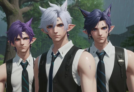 dt_xiv_style, looking at viewer, short hair, blue eyes, shirt, animal ears, jewelry, jacket, purple hair, white hair, male focus, earrings, outdoors, multiple boys, necktie, sleeveless, 2boys, tree, rain, miqo'te, cinematic lighting, best quality, masterpiece