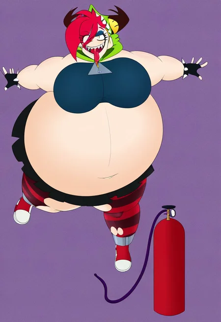 demencia, red hair, green ponytail, striped thighhighs, single striped sock, anklet, green monster hood, yellow eyes, sharp teeth, dark blue hoodie, single striped sleeve, red sneaker, blue sneaker, black skirt, smile, eyeshadow, spiked bracelet, zipper pull tab, torn pantyhose, glove, tongue out, clothed, inflating, floating, body inflation, breast expansion, inflated arms, inflated legs, leaning forward, helium tank, hose in mouth, by truegrave9 <lora:InflationXL-02-PonyXL-e050:1>