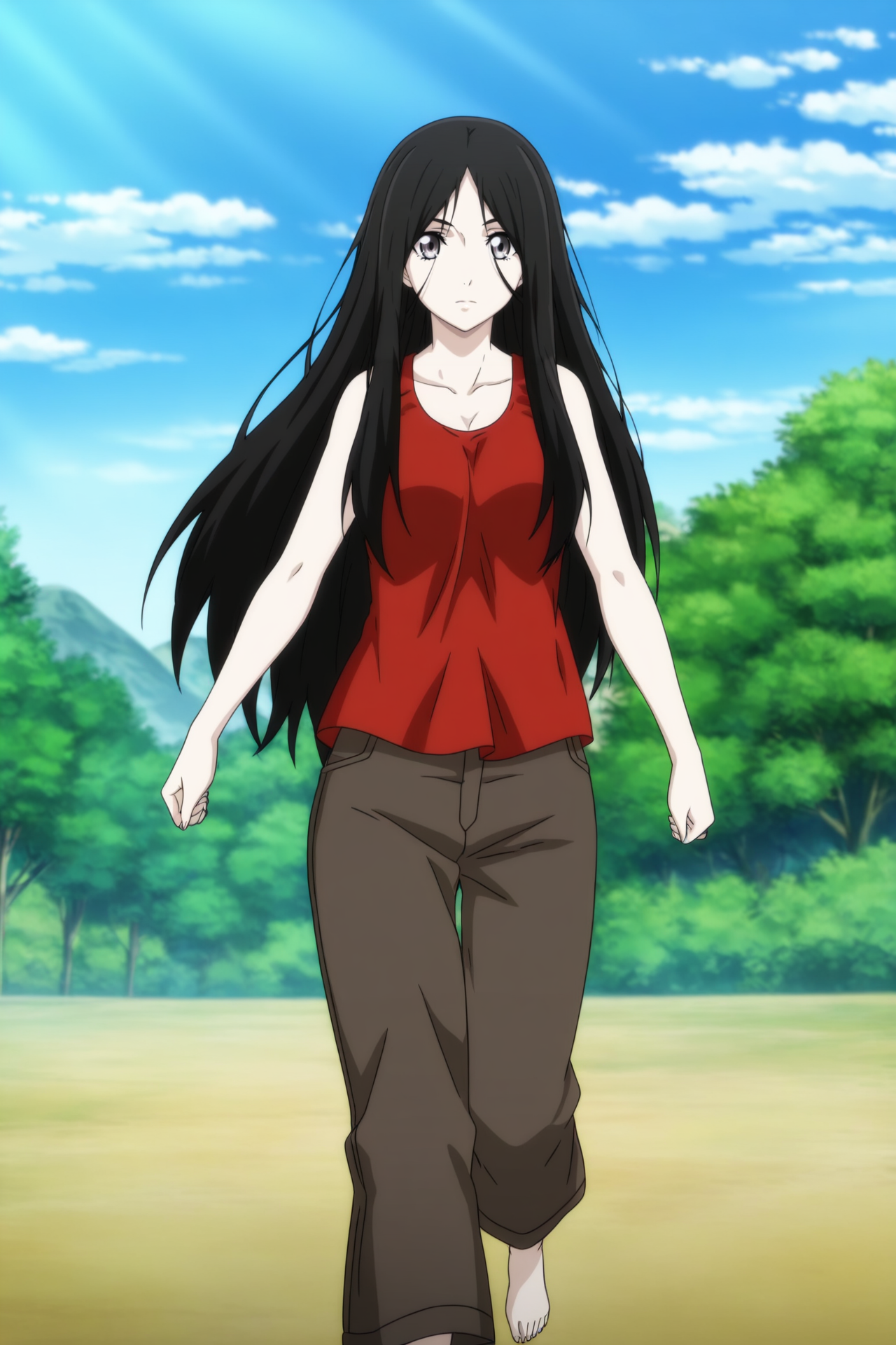 anime screencap,anime coloring,detailed face,masterpiece,best quality,very aesthetic,absurdres,volumetric lighting,official style,amazing quality,ultra detailed,highres,scenery,beautiful detailed hair,beautiful detailed eyes,official anime artwork,<lora:FengBaoBao S2-IL V1:1>,Feng Bao Bao,1girl,solo,long hair,black hair,grey eyes,outdoors,looking at viewer,FengBaoBao Casual Outfit3,Pure red hurdle vest,brownpants,barefoot,