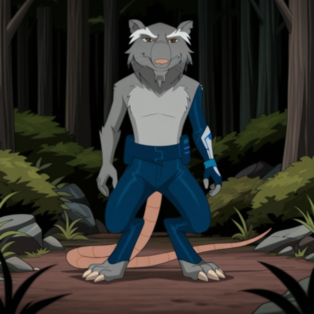 masterpiece, best quality, amazing quality, FFSplinter03IL, semi-anthro, male, rat_boy, grey fur, whiskers, brown eyes, rat tail,  in a forest, solo, full body, standing, blue belt, blue pants, blue fingerless glove, single glove