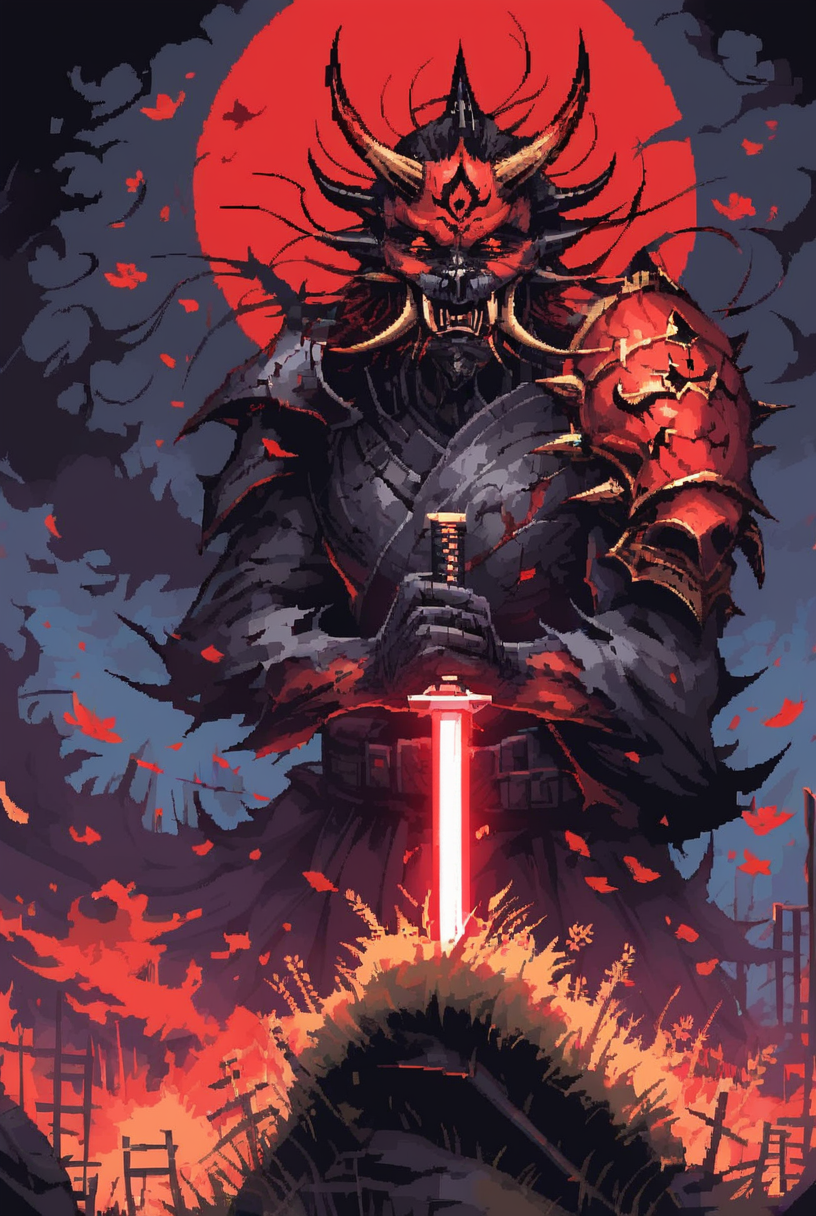 7-SWAnimated, solo, looking at viewer, 1boy, holding, weapon, male focus, horns, teeth, sword, holding weapon, armor, mask, fangs, holding sword, katana, shoulder armor, oni, japanese armor, red skin, demon, oni mask
[reflections, dark lighting, hyper realistic, 4k, hd, high fantasy, concept art, woof, pixel art]
<lora:Star Wars Animated v1.0:0.8>  <lora:d3p1x3lXLP:1>