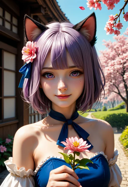 cinematic still The image is an illustration of a young girl with long purple hair and cat ears on her head. She is wearing a black and blue outfit with a blue ribbon tied around her neck. She has a pink flower in her hand and is looking off to the side with a serious expression on her face. The background is filled with pink cherry blossom flowers and a blue sky. The overall mood of the image is peaceful and serene . emotional, harmonious, vignette, 4k epic detailed, shot on kodak, 35mm photo, sharp focus, high budget, cinemascope, moody, epic, gorgeous, film grain, grainy, score_9, score_8_up, score_7_up, rating:safe, 1girl, solo, long_hair, flower, looking_at_viewer, bare_shoulders, holding, bangs, upper_body, petals, holding_flower, hair_ornament, cherry_blossoms, ribbon, smile, dress, blue_ribbon, breasts, purple_eyes, hair_ribbon
