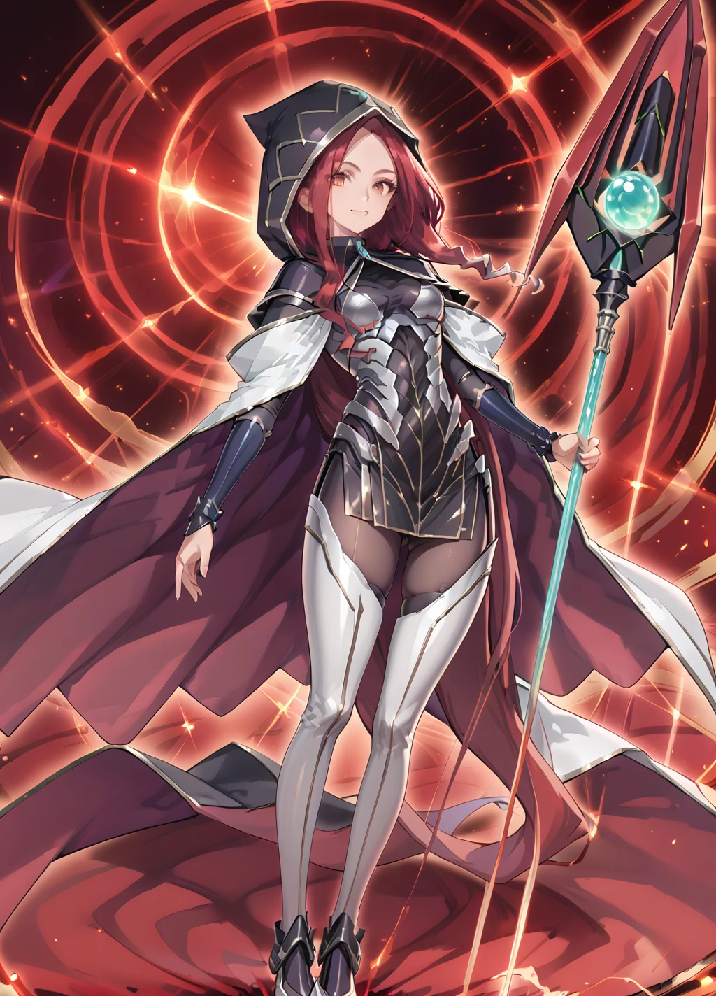 score_9_up, score_8_up, score_7_up, anime girl ,high quality, cyberse witch,1girlï¼. lady, full bodyï¼long hair under cape,red hair,red eyes, Breastplate,silver cape,red cape,Tights,thighhighs, , black hood,looking at viewer ï¼Bridal Glovesãholding staffã.holding.solo, ,Green space and red swirl<lora:add-detail-xl:1> <lora:cyberse witch v13:1>smile